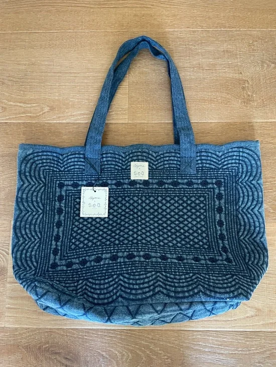 Sézane Sea New York Collaboration Denim Tote Embroidered Blue NWT - Picture 5 of 9